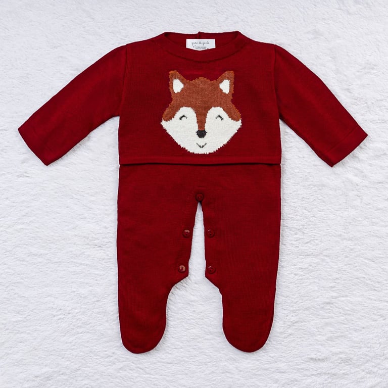 Saída Maternidade Tricot Jacquard Raposa Feliz Vermelho 02 Peças