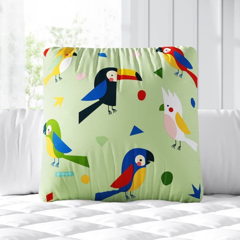 Almofada Quadrada Passarada Colorida Verde 30cm