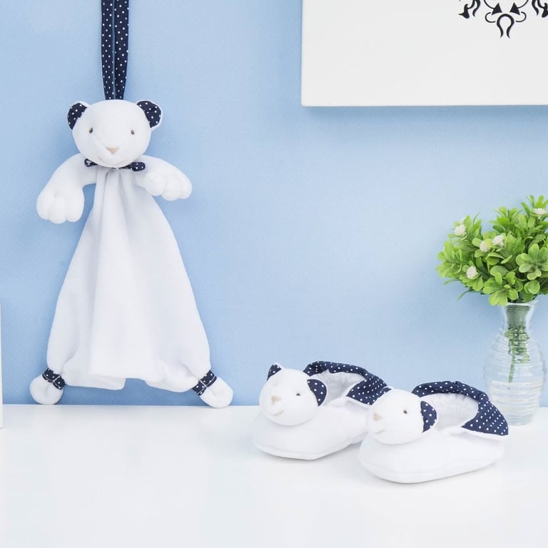 Conjunto Naninha De Bebê e Pantufa Poá Marinho