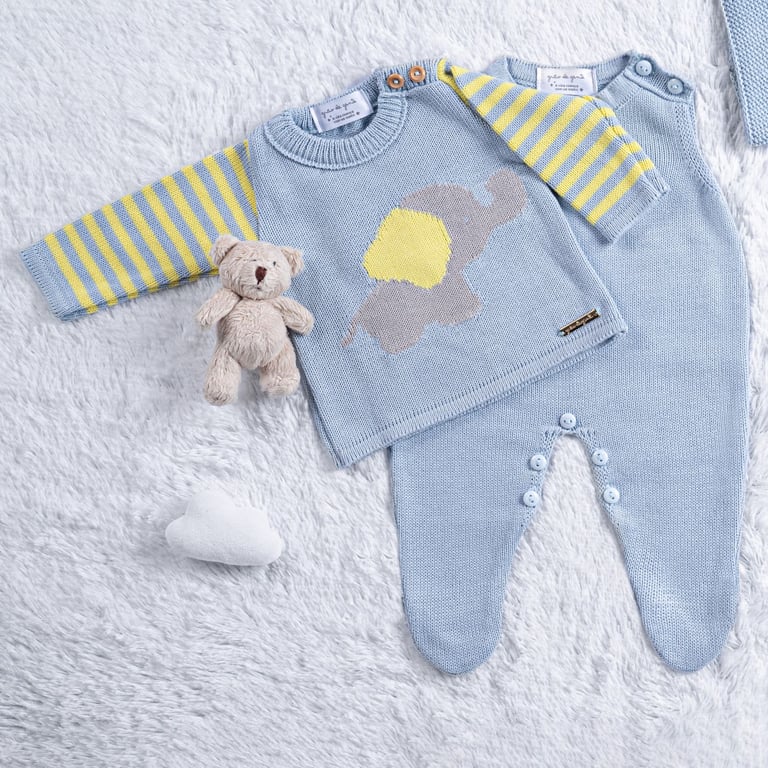 Saída Maternidade Tricot Elefantinho Azul/Amarelo 3 Peças
