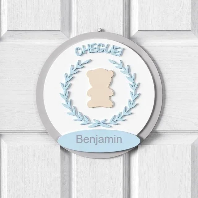 Porta Maternidade Personalizado Urso Luxo Azul e Bege - Benjamin