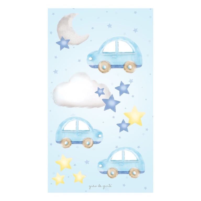 Adesivo de Parede 3 Carrinhos, Estrelinhas, Nuvem e Lua