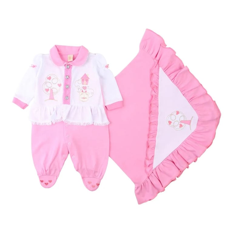 Saída de Maternidade Din Don Bordado Casinha Urso Rosa Claro