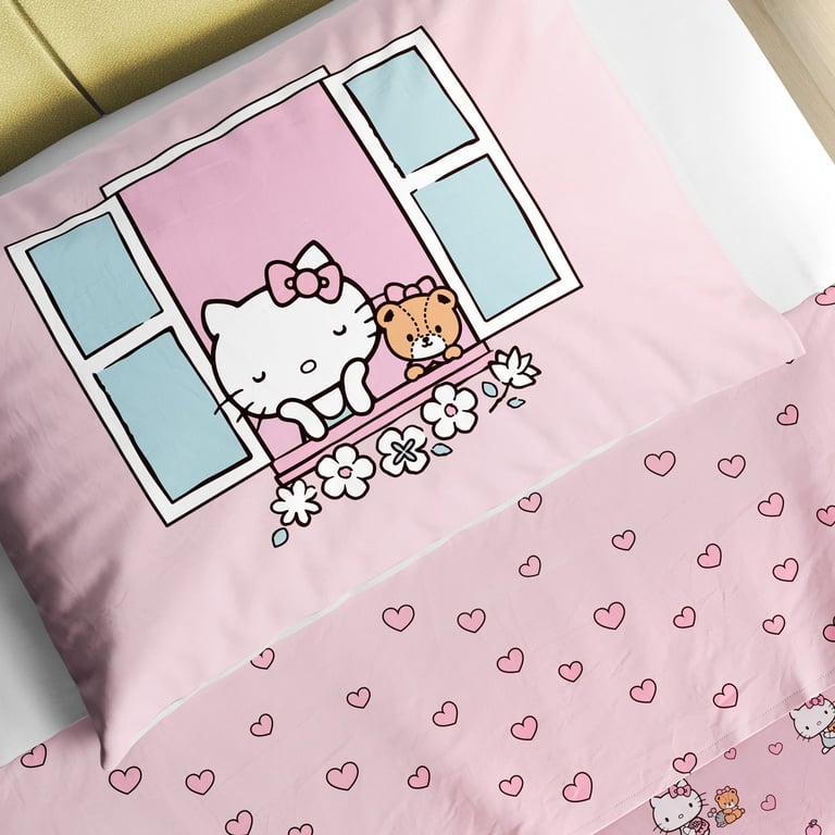 Jogo de Lençol Infantil Solteiro Hello Kitty na Janela Rosa