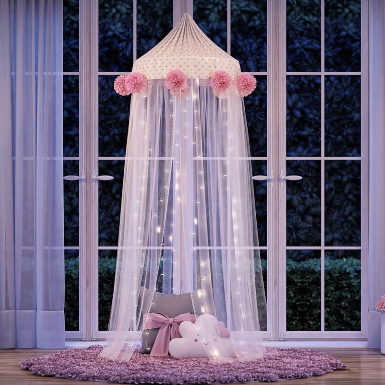 Tenda Dossel Tule e Renda Corações Rosa 2m