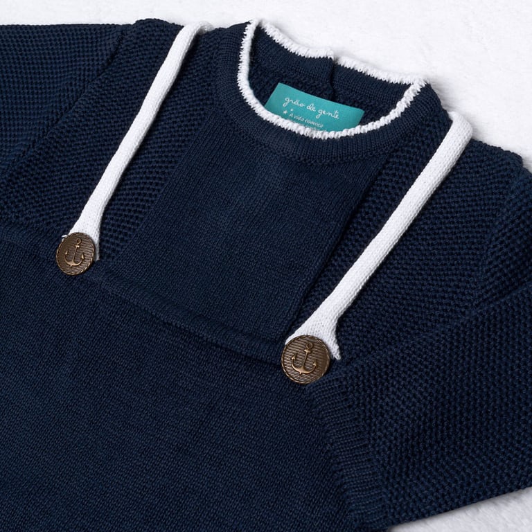 Macacão Tricot Menino Marinheiro Azul Marinho e Branco