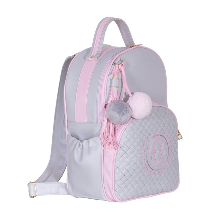 Mochila Maternidade Ursinho Cinza/Rosa 36cm