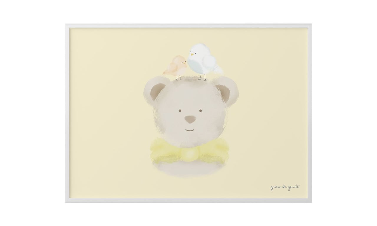 Quadro Ursinho e Passarinhos Amarelo 60cm
