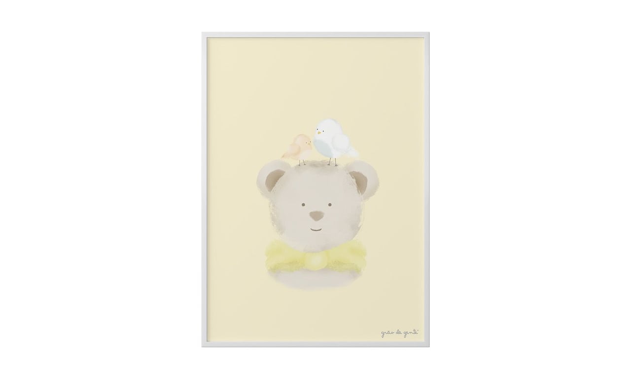 Quadro Ursinho e Passarinhos Amarelo 40cm