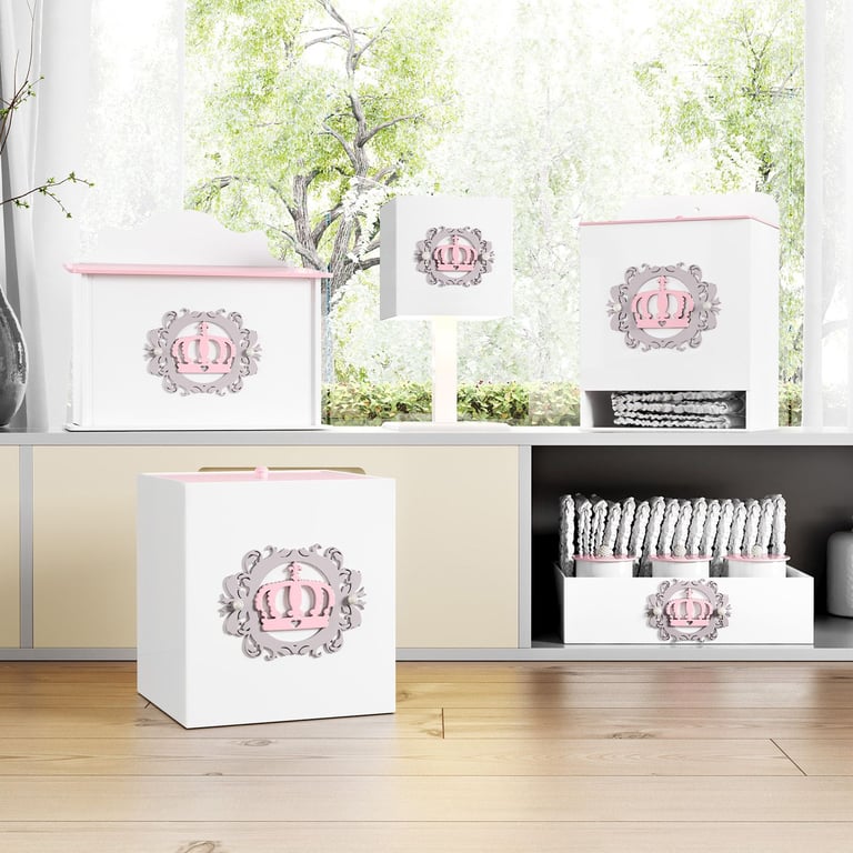 Kit Higiene MDF Coroa Arabesco Rosa e Cinza
