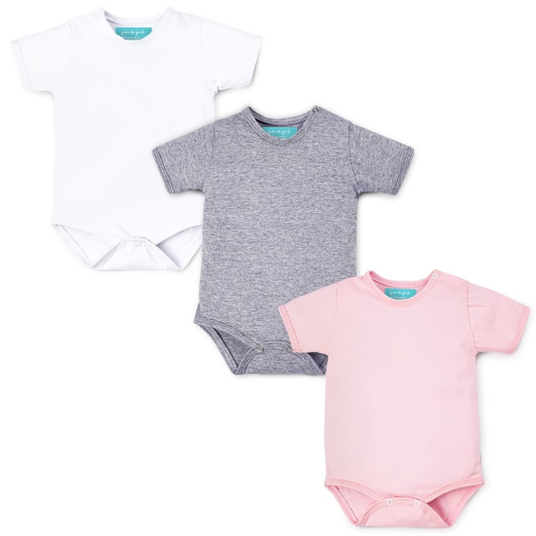 Kit Body Manga Curta Baby Basics Branco, Cinza e Rosa 3 Peças