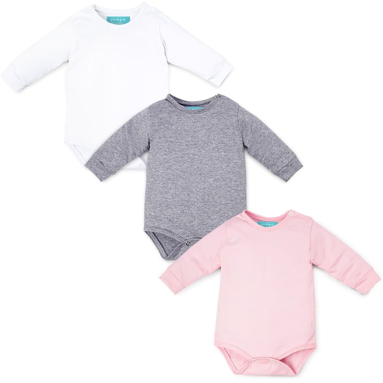 Kit Body Manga Curta Baby Basics Branco, Cinza e Rosa 3 Peças