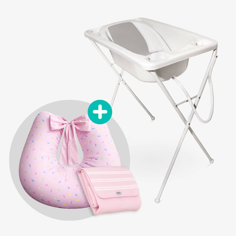 Kit Banho com Banheira, Suporte e Assento Redutor Branco + Almofada Amamentação Granulado Colorido Rosa + Trocador de Fraldas Portátil Rosa Clássico