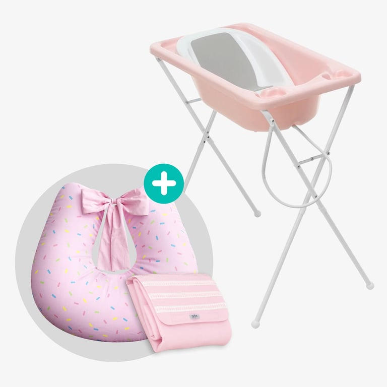 Kit Banho com Banheira, Suporte e Assento Redutor Branco + Almofada Amamentação Granulado Colorido Rosa + Trocador de Fraldas Portátil Rosa Clássico