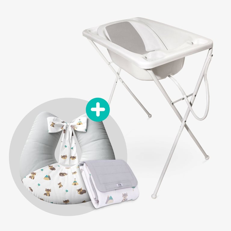 Kit Banho com Banheira, Suporte e Assento Redutor Branco + Almofada Amamentação + Trocador de Fraldas Portátil Raposinha Cinza