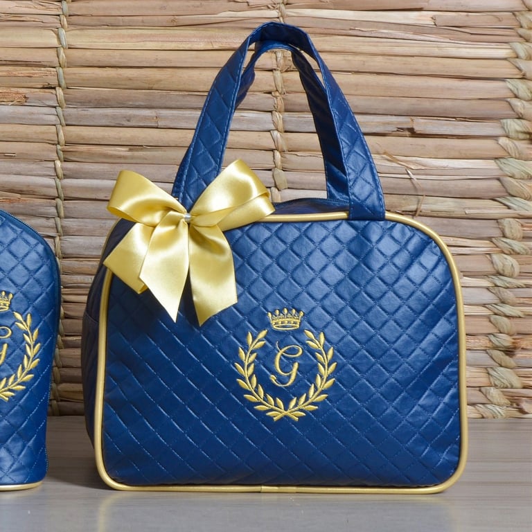 Frasqueira Maternidade Milão Inicial do Nome Personalizada Marinho e Dourado 30cm