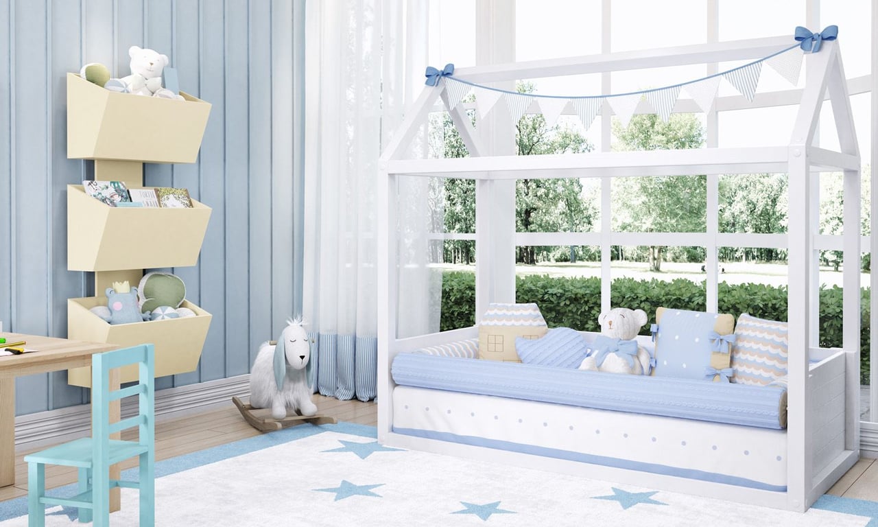 Quarto de Bebê Montessoriano Tricot Poá Azul — vista alternativa