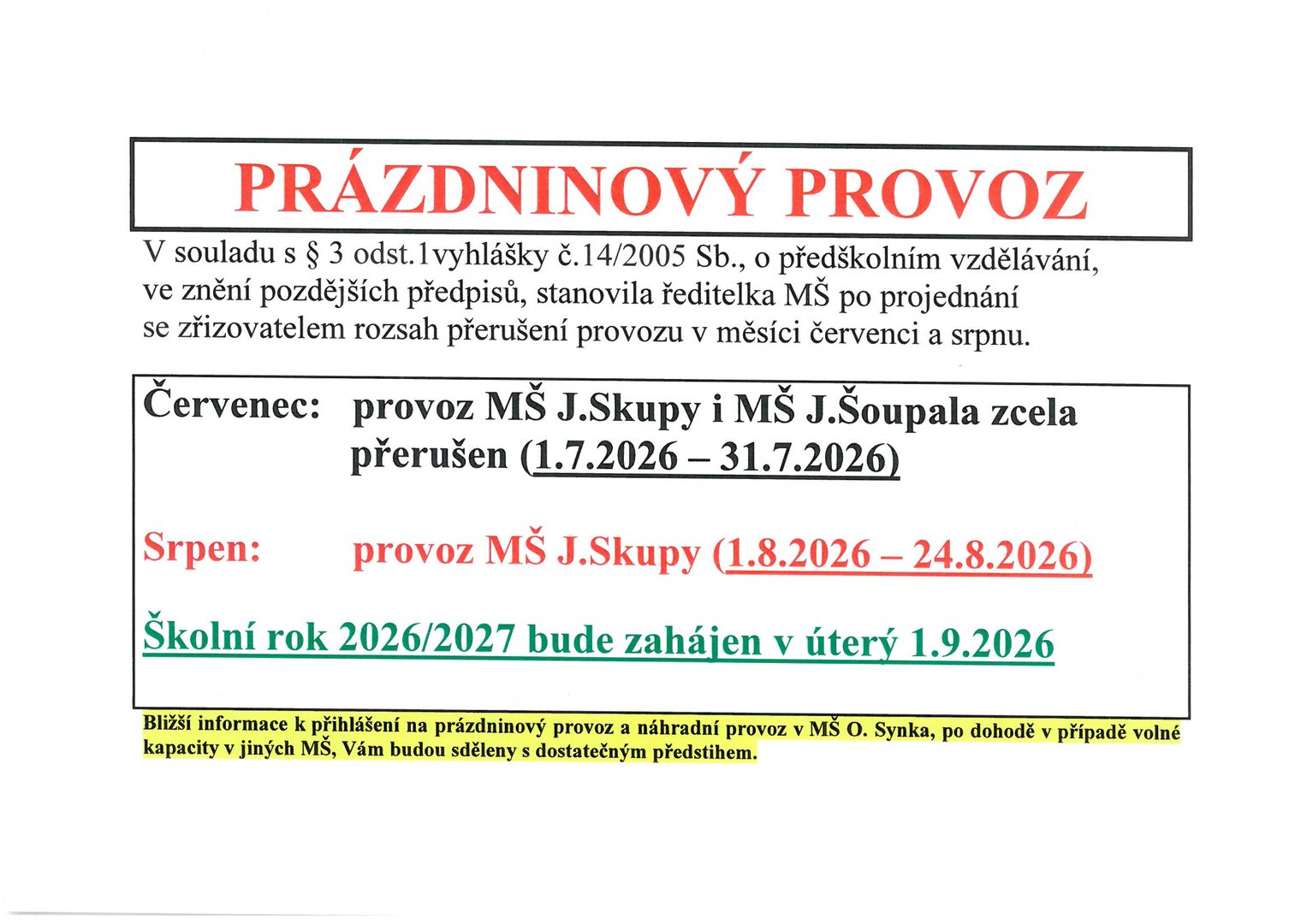 Prázdninový provoz 2026