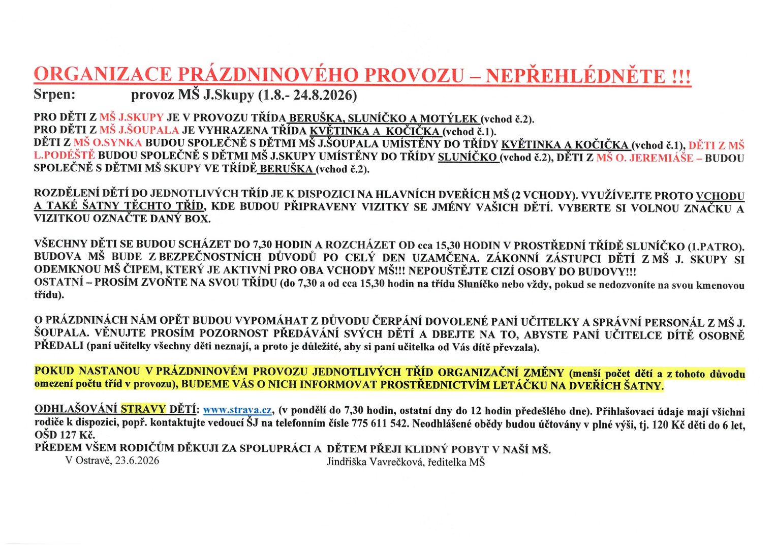Organizace prázdninového provozu MŠ J. SKUPY 2026