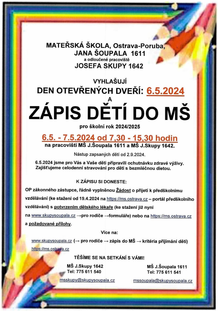 Zápis dětí do MŠ 6. -7. 5. 2024