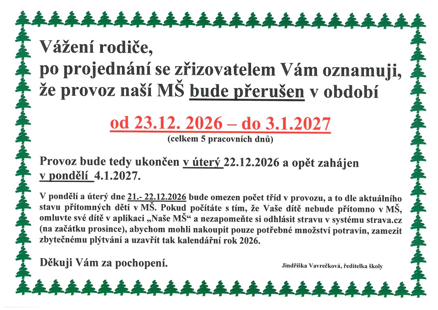 Vánoční provoz 2026