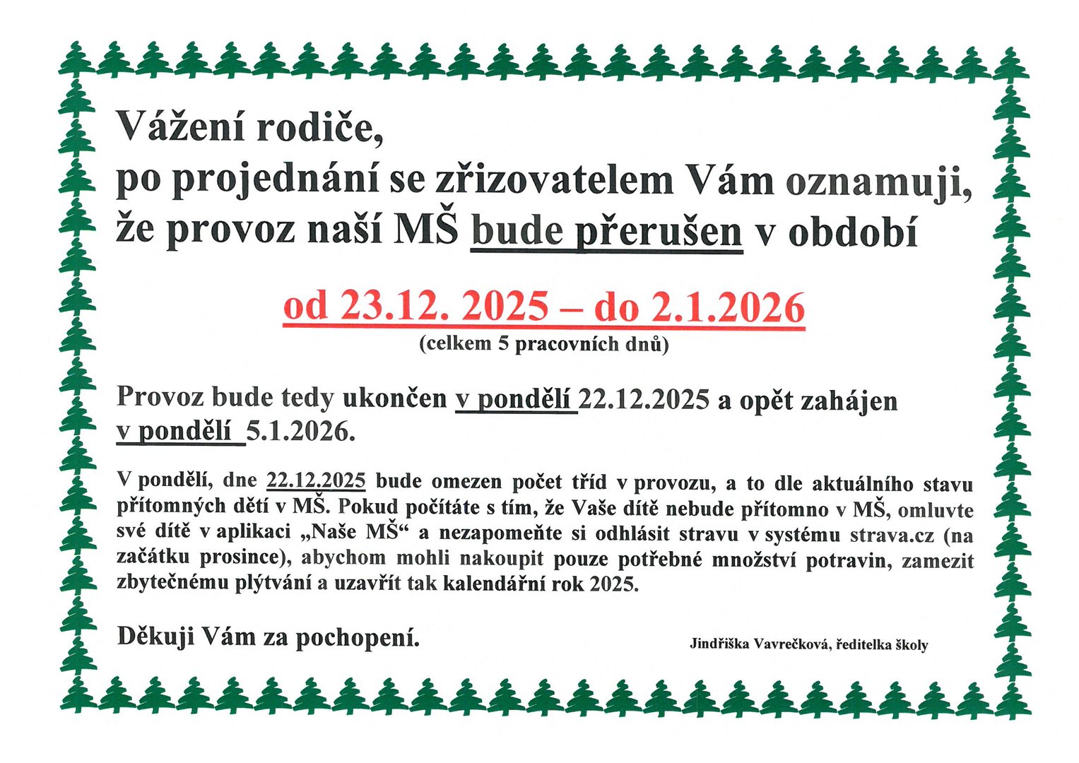 Vánoční provoz 2025