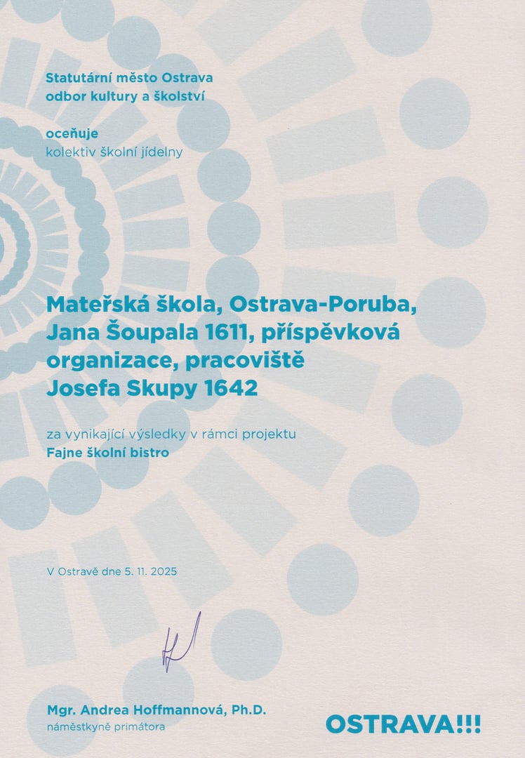 Ocenění kolektivu školní jídelny