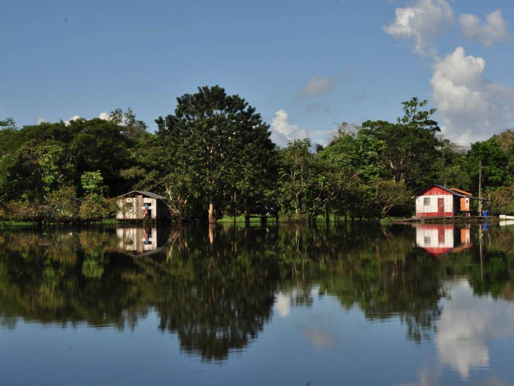 Vista aérea da Amazônia com rio sinuoso e moradias ribeirinhas