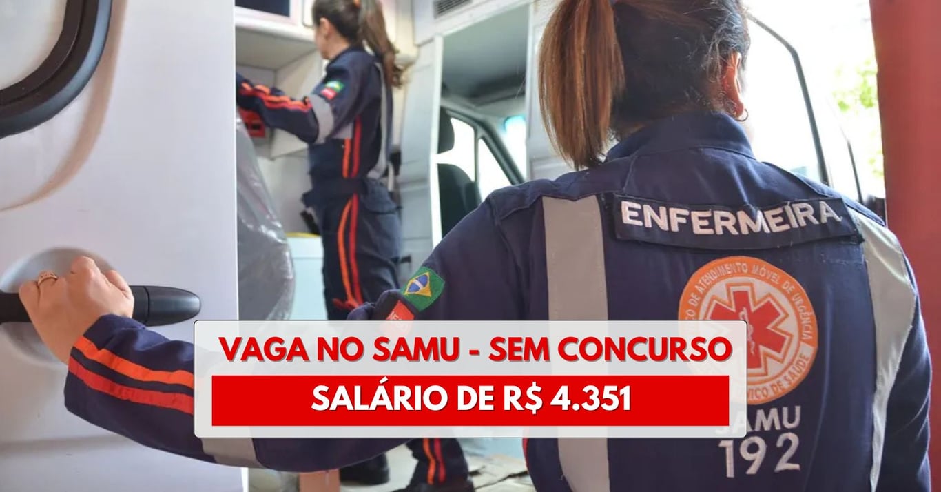 Ambulância do SAMU 192 em ação urbana, equipe desfocada ao fundo