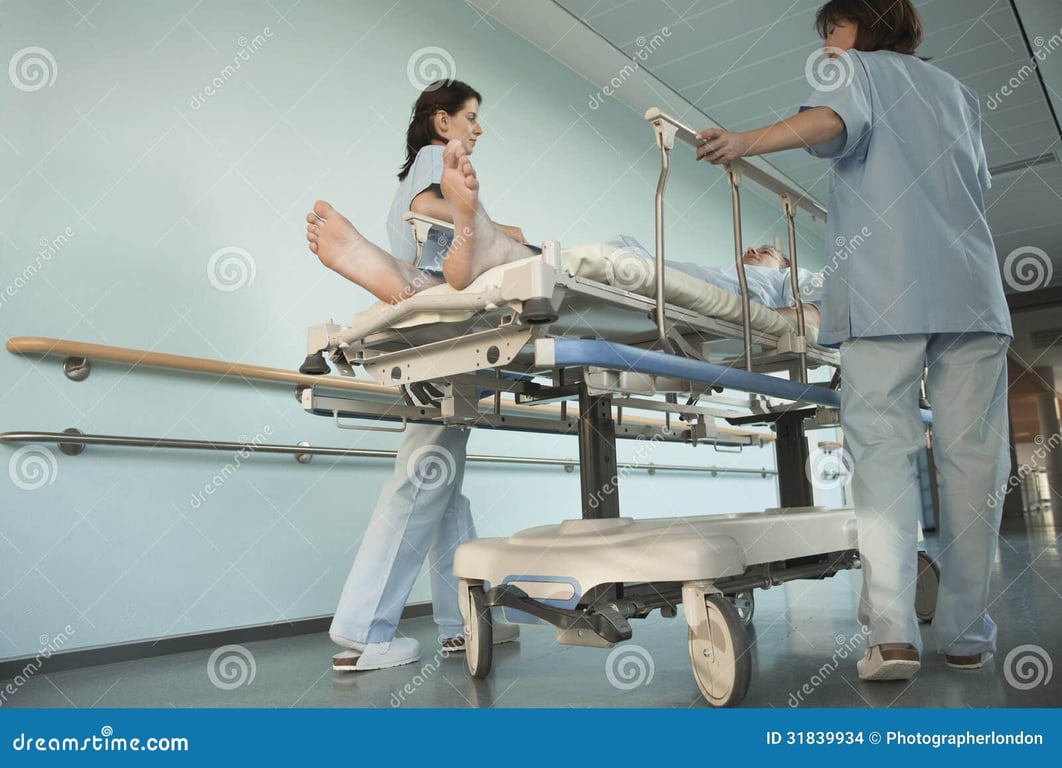 Profissionais de saúde em corredor hospitalar moderno