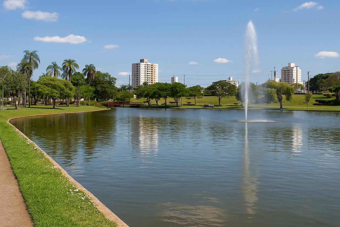 Parque Ecológico de Indaiatuba ao entardecer, com lago e vegetação
