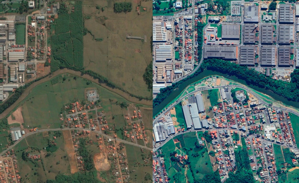 Vista aérea de Schroeder, Santa Catarina, mostrando áreas urbanas e colinas verdes no Vale do Itapocu.