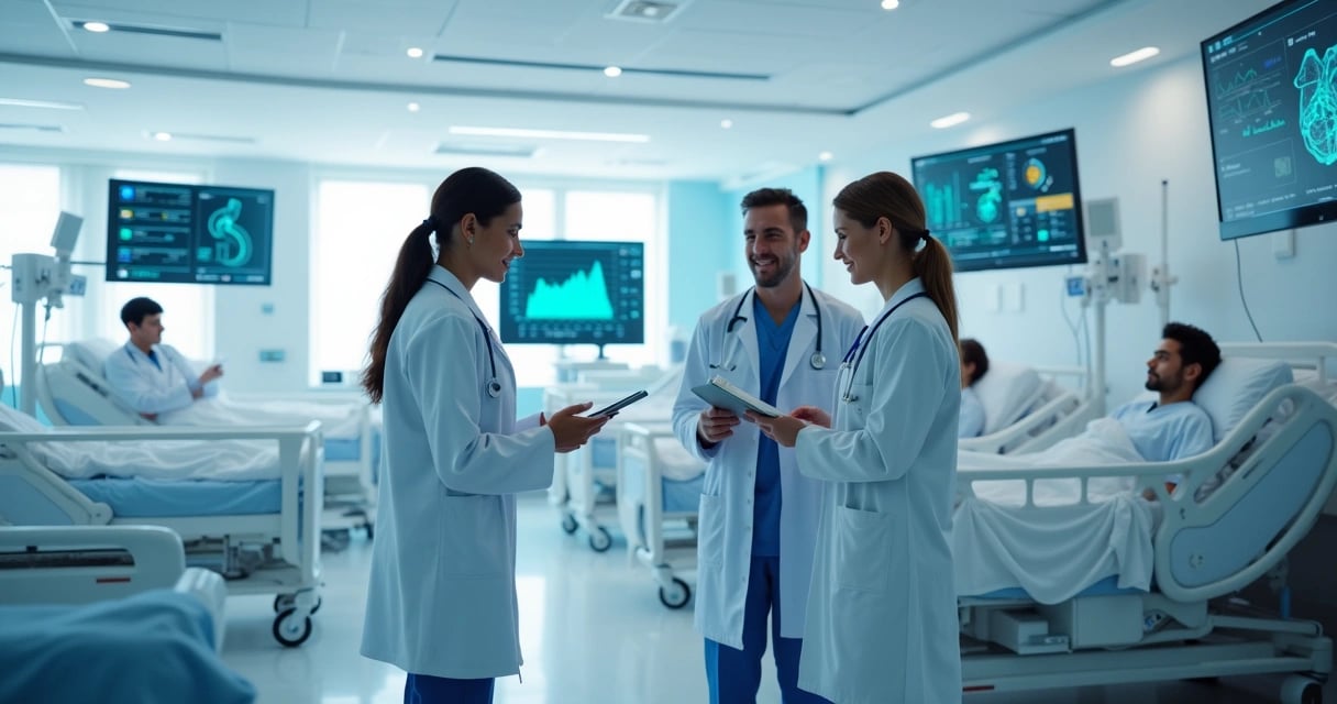 Equipe médica em corredor de hospital moderno, discutindo caso clínico