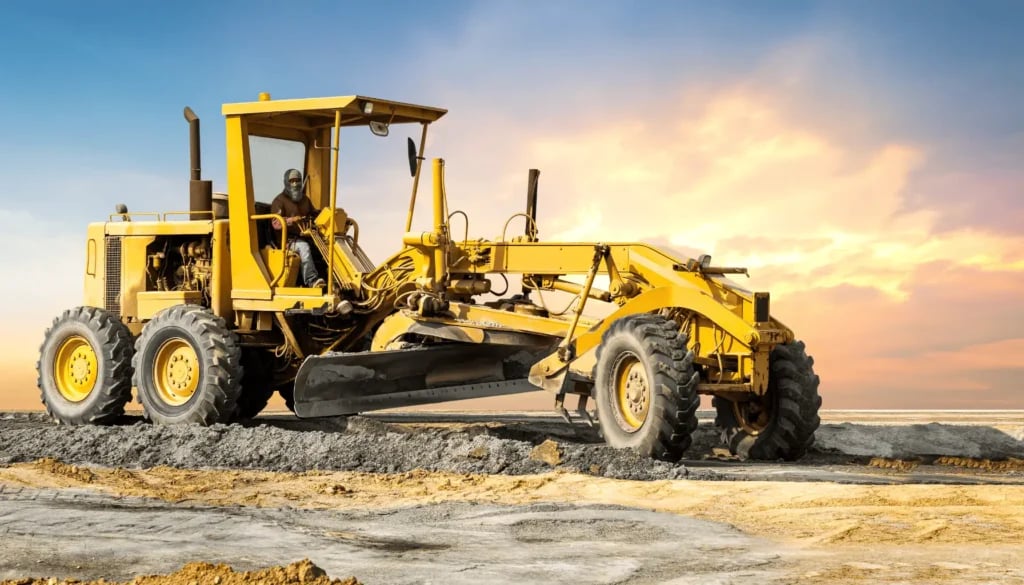 Motoniveladora atuando em estrada vicinal, referência ao trabalho do Operador de Máquinas