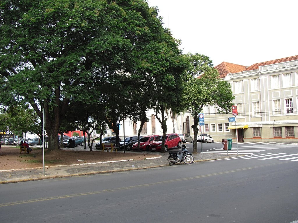 Prédio público em cidade do interior de Minas, com pracinha e bandeiras