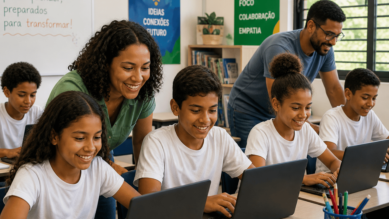 Ambiente educacional com diversidade de estudantes e recursos de acessibilidade, representando práticas inclusivas