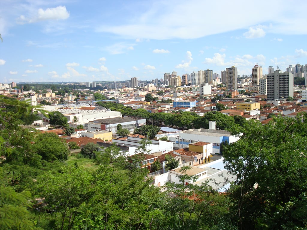 Vista aérea de cidade do interior paulista, com ruas arborizadas e prédios baixos