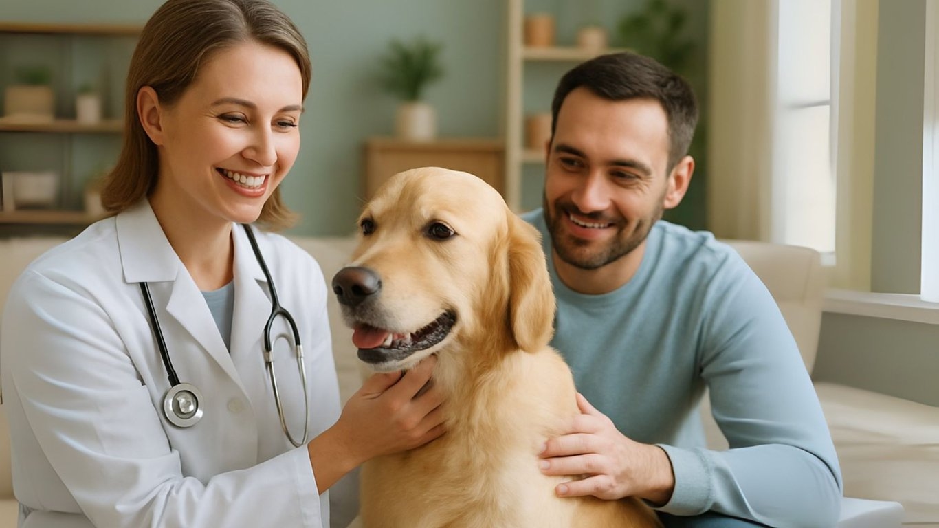 Veterinária atendendo cão em clínica, ambiente profissional e acolhedor