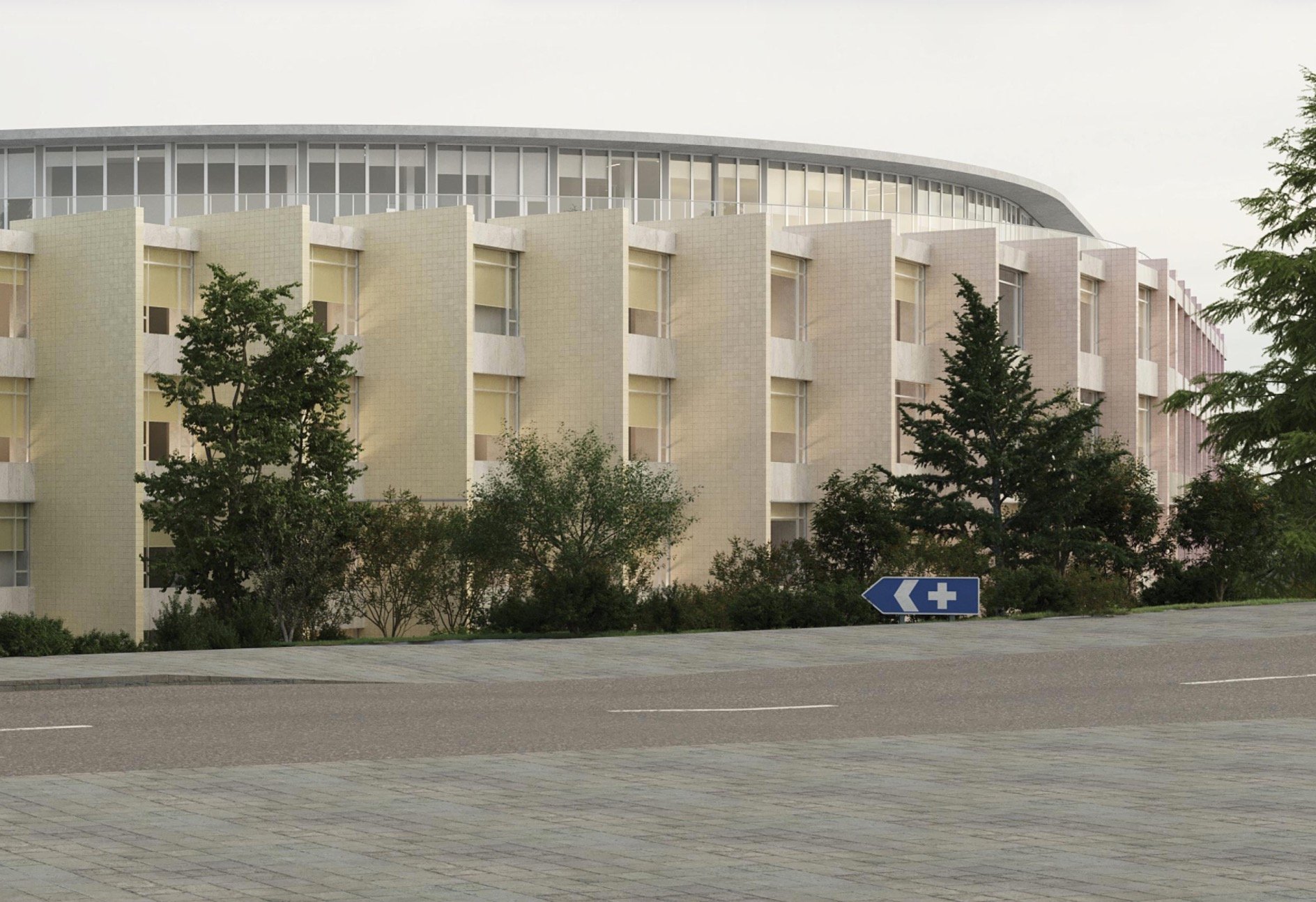 Fachada moderna de hospital em ambiente urbano