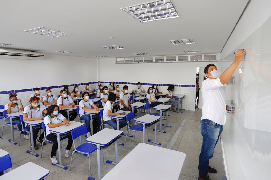 Sala de aula em escola pública do Ceará, com professor e estudantes em atividade