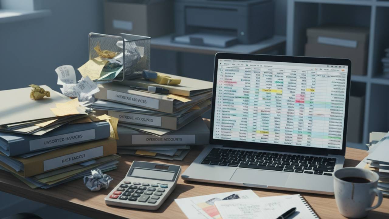 Mesa de trabalho de contador com documentos e planilhas financeiras, em ambiente de escritório