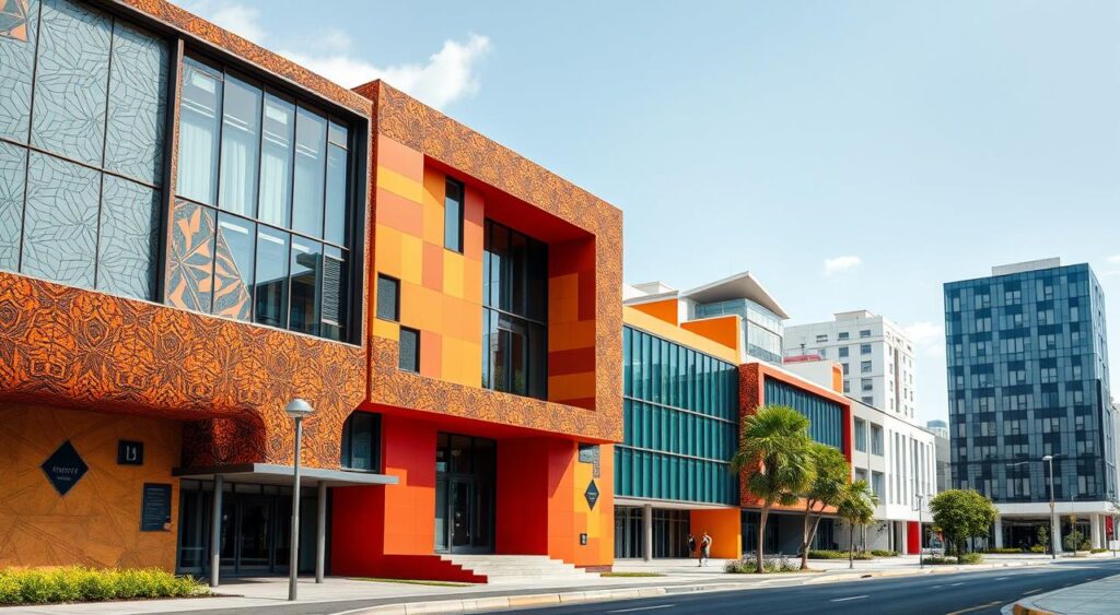 Fachada moderna de prédio universitário com ambientação artística e circulação de estudantes