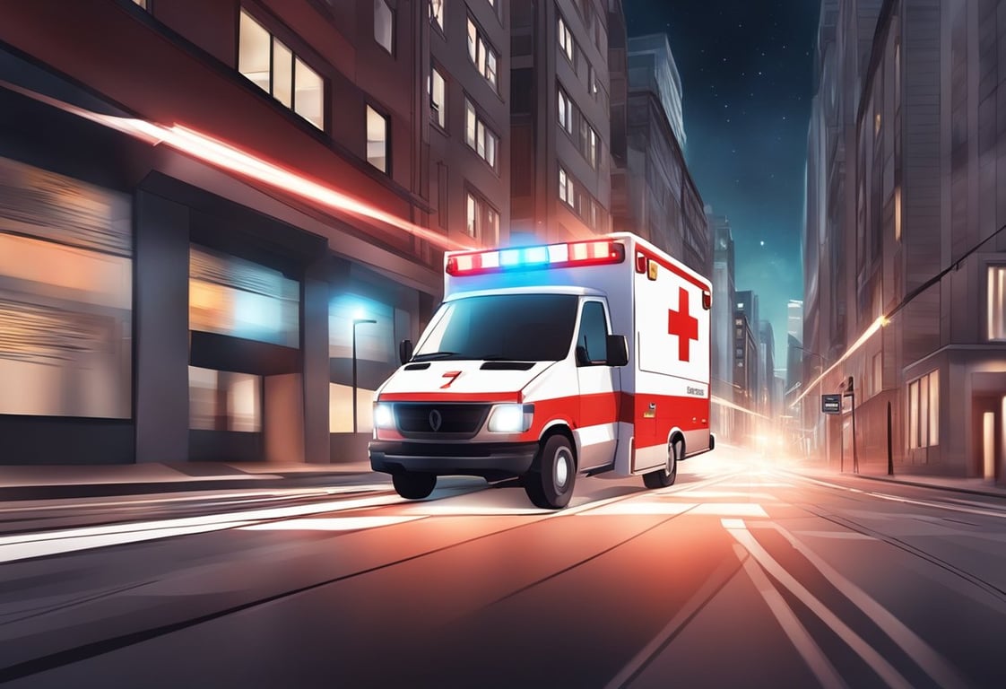 Ambulância do SAMU em atendimento noturno, com luzes da cidade ao fundo