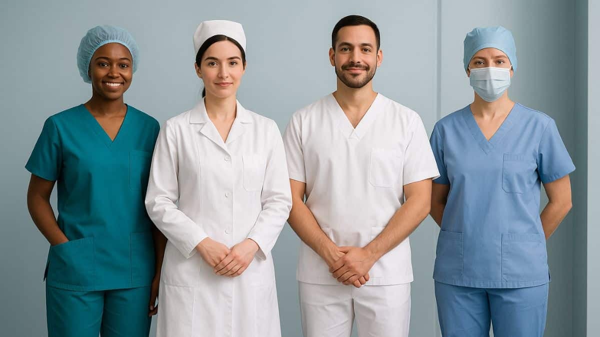 Profissionais de saúde em ambiente clínico, de jaleco e scrubs, em cenário hospitalar, em posição de equipe