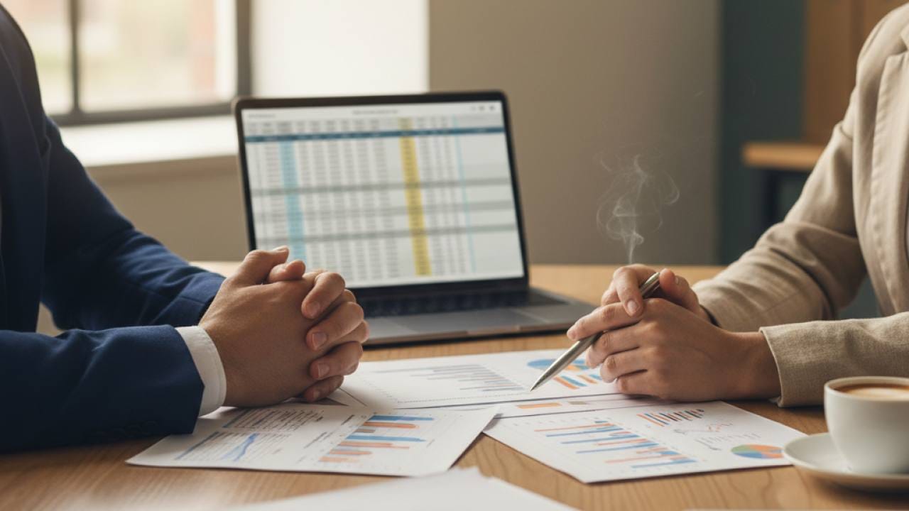 Profissional de contabilidade trabalhando com relatórios e notebook