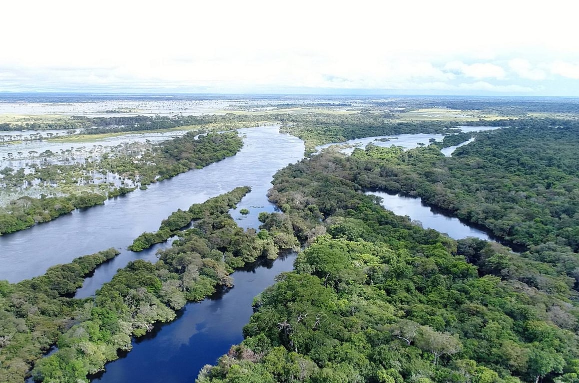Vista aérea da Ilha do Bananal, com mosaico de lagoas e vegetação de savana