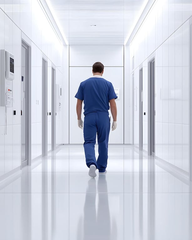 Profissional de saúde em corredor hospitalar