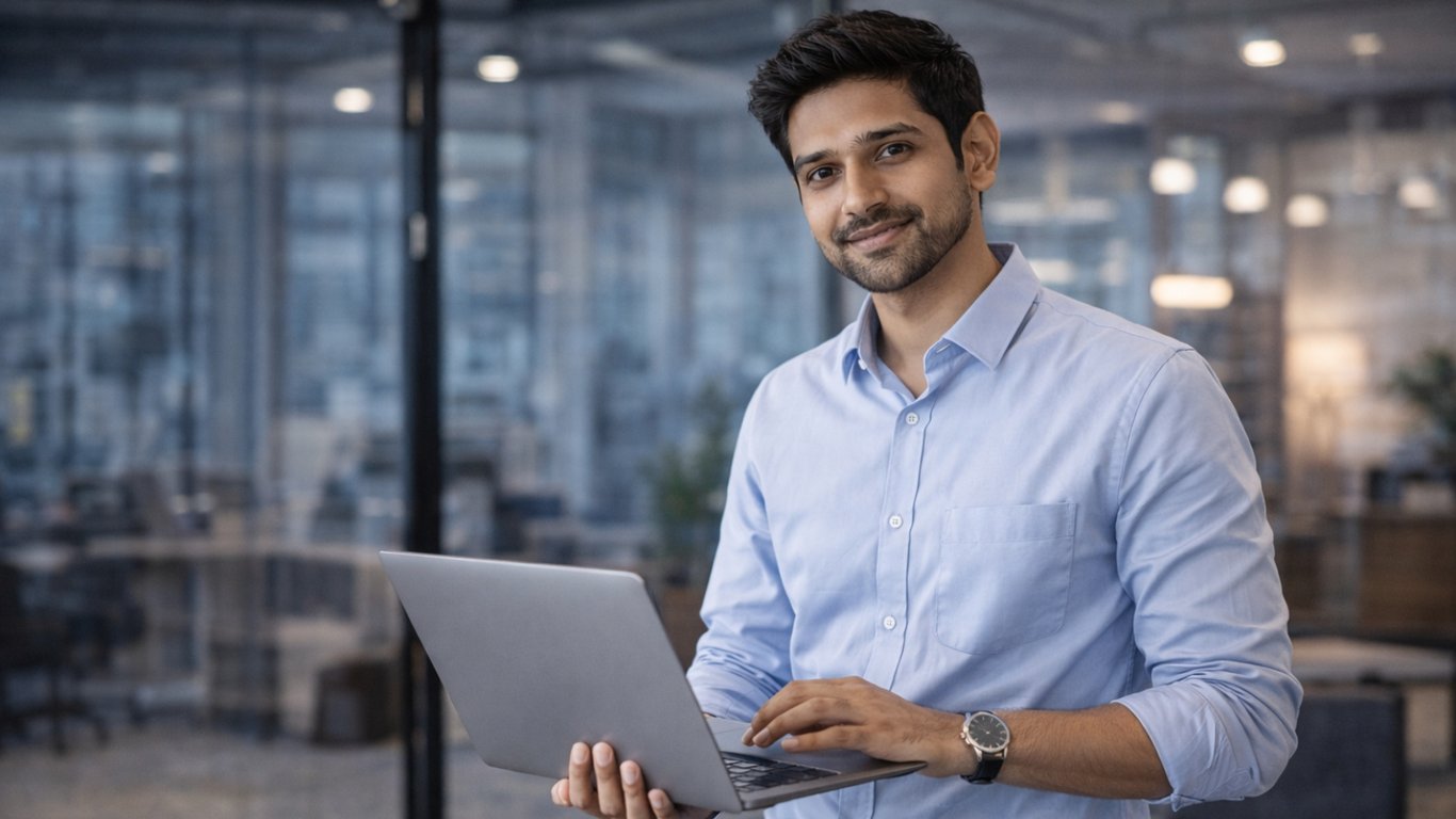 Profissional analisando documentos e gráficos em ambiente corporativo moderno