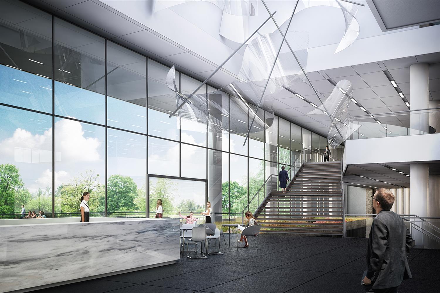 Ambiente institucional moderno, assentos e espaço de reunião