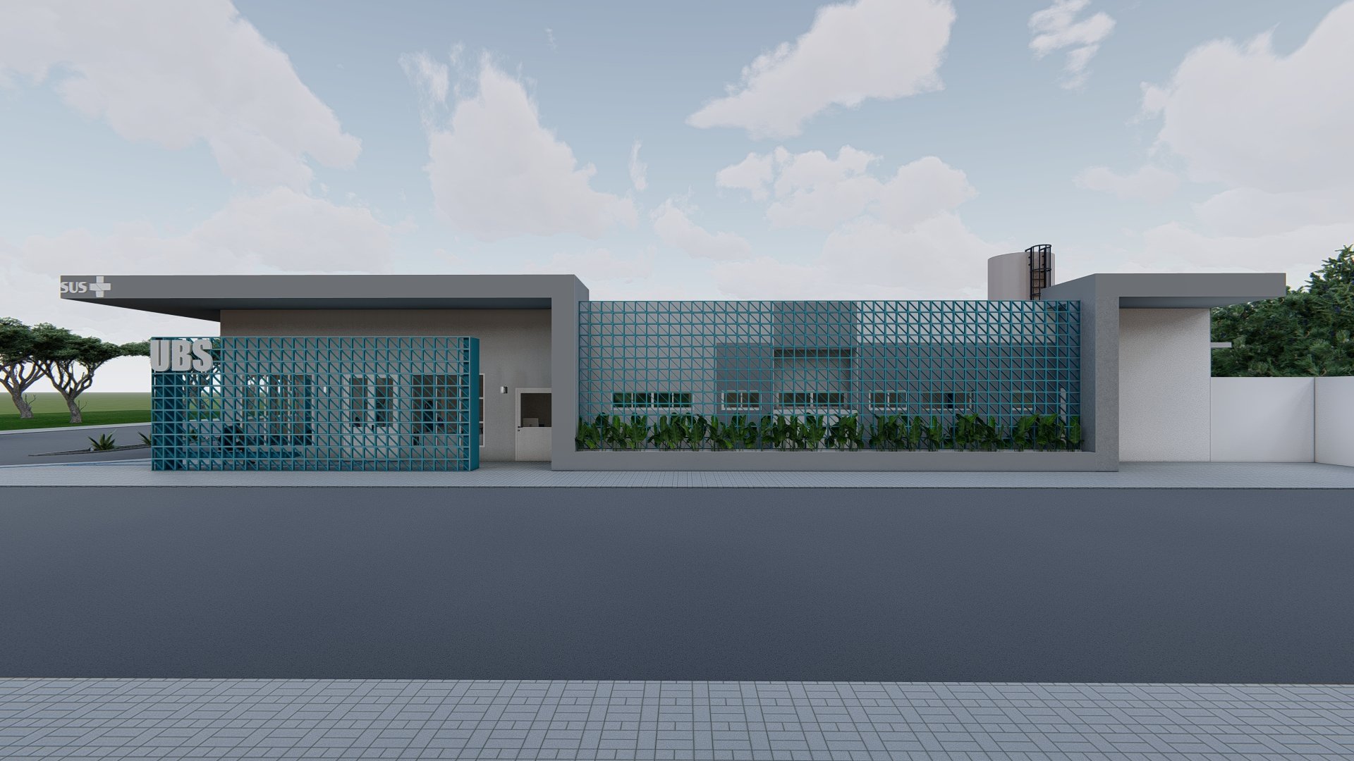 Edifício público de São Bernardino SC com morros ao fundo, em dia claro